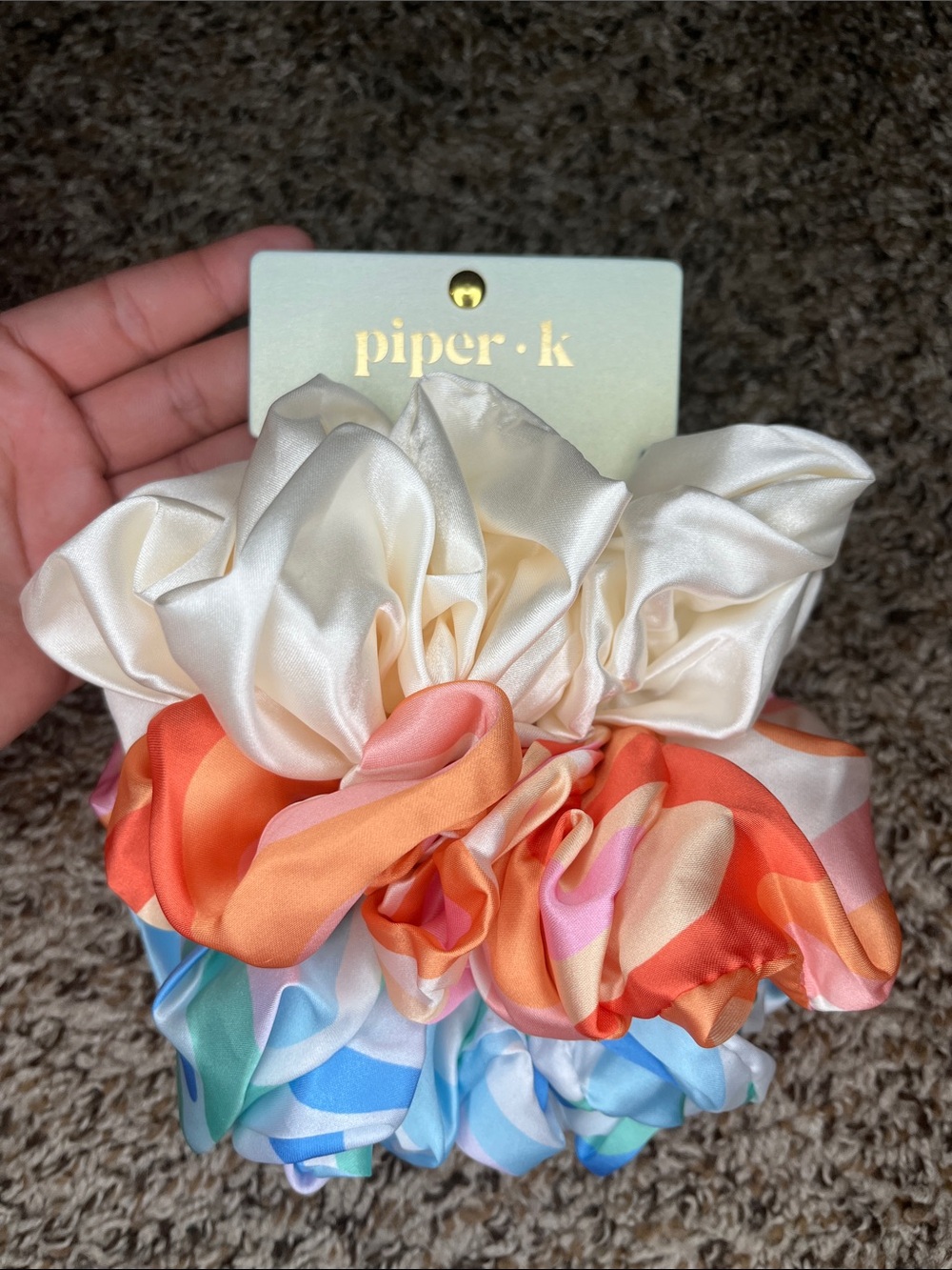 Piper Kids Satin Scrunchie Trio - Cream, Coral-Orange & Blue-Green